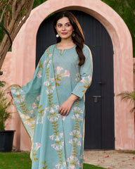 Floral Cotton Kurta Set with Embroidered Neckline and Mal Cotton Dupatta – Premium Ethnic Wear for Women