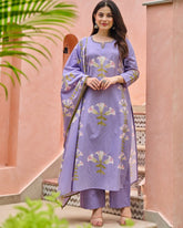 Floral Cotton Kurta Set with Embroidered Neckline and Mal Cotton Dupatta – Premium Ethnic Wear for Women