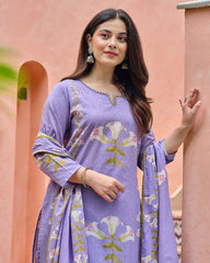 Floral Cotton Kurta Set with Embroidered Neckline and Mal Cotton Dupatta – Premium Ethnic Wear for Women