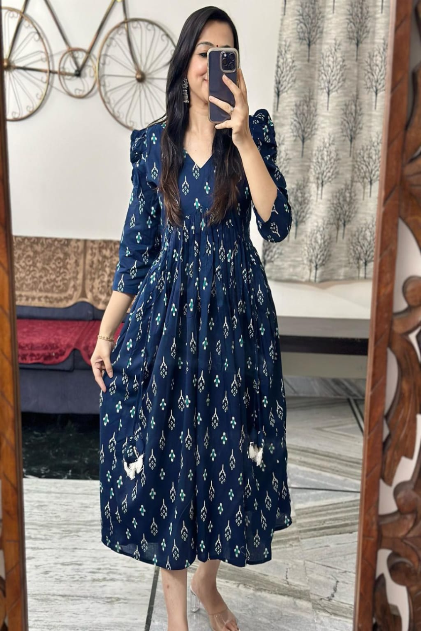 Beautiful Ikkat print Cotton Full Flair Middy Gown