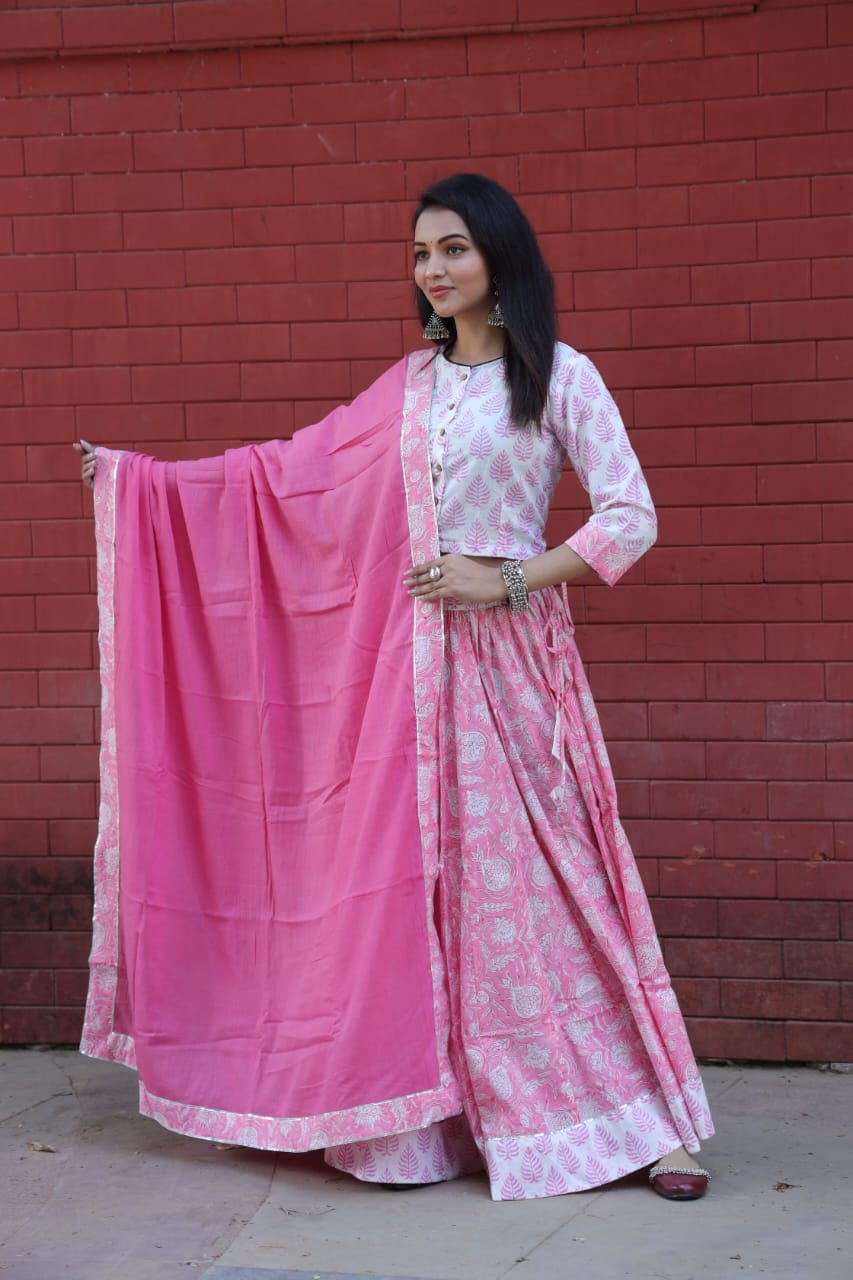 Cotton Bagru Printed Designer Top & Skirt with Mulmul Dupatta (Lehenga Choli)