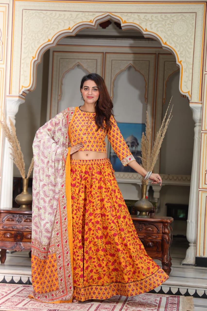 Cotton Bagru Printed Designer Top & Skirt with Mulmul Dupatta (Lehenga Choli)