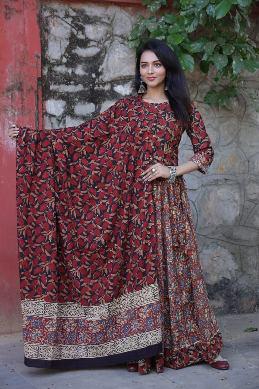 Cotton Bagru Printed Designer Top & Skirt with Mulmul Dupatta (Lehenga Choli)