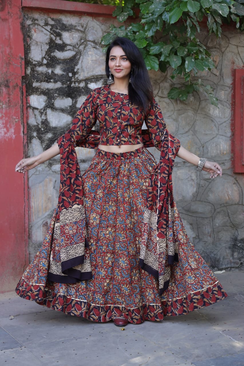 Cotton Bagru Printed Designer Top & Skirt with Mulmul Dupatta (Lehenga Choli)