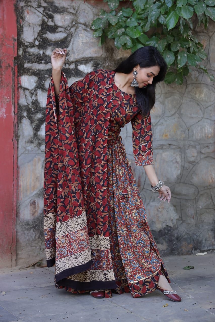 Cotton Bagru Printed Designer Top & Skirt with Mulmul Dupatta (Lehenga Choli)