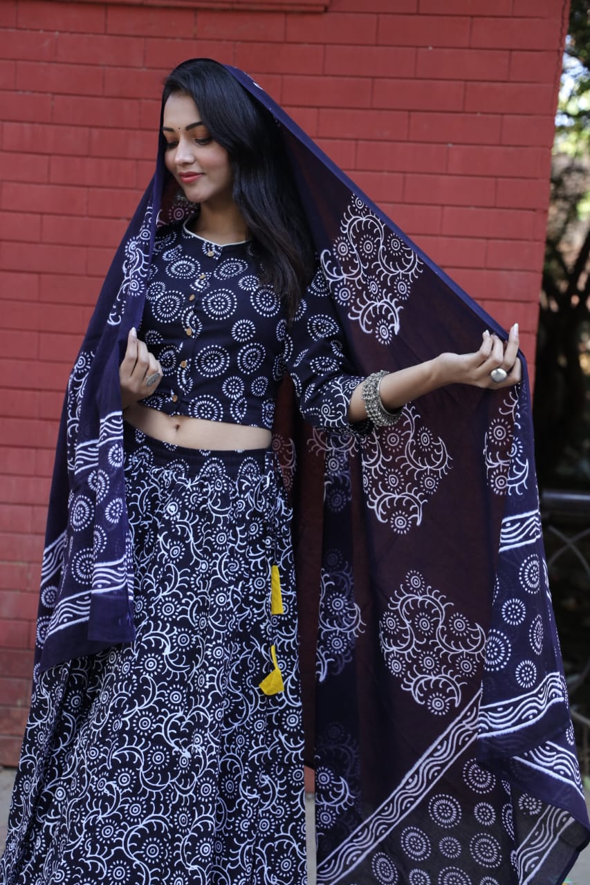 Cotton Bagru Printed Designer Top & Skirt with Mulmul Dupatta (Lehenga Choli)