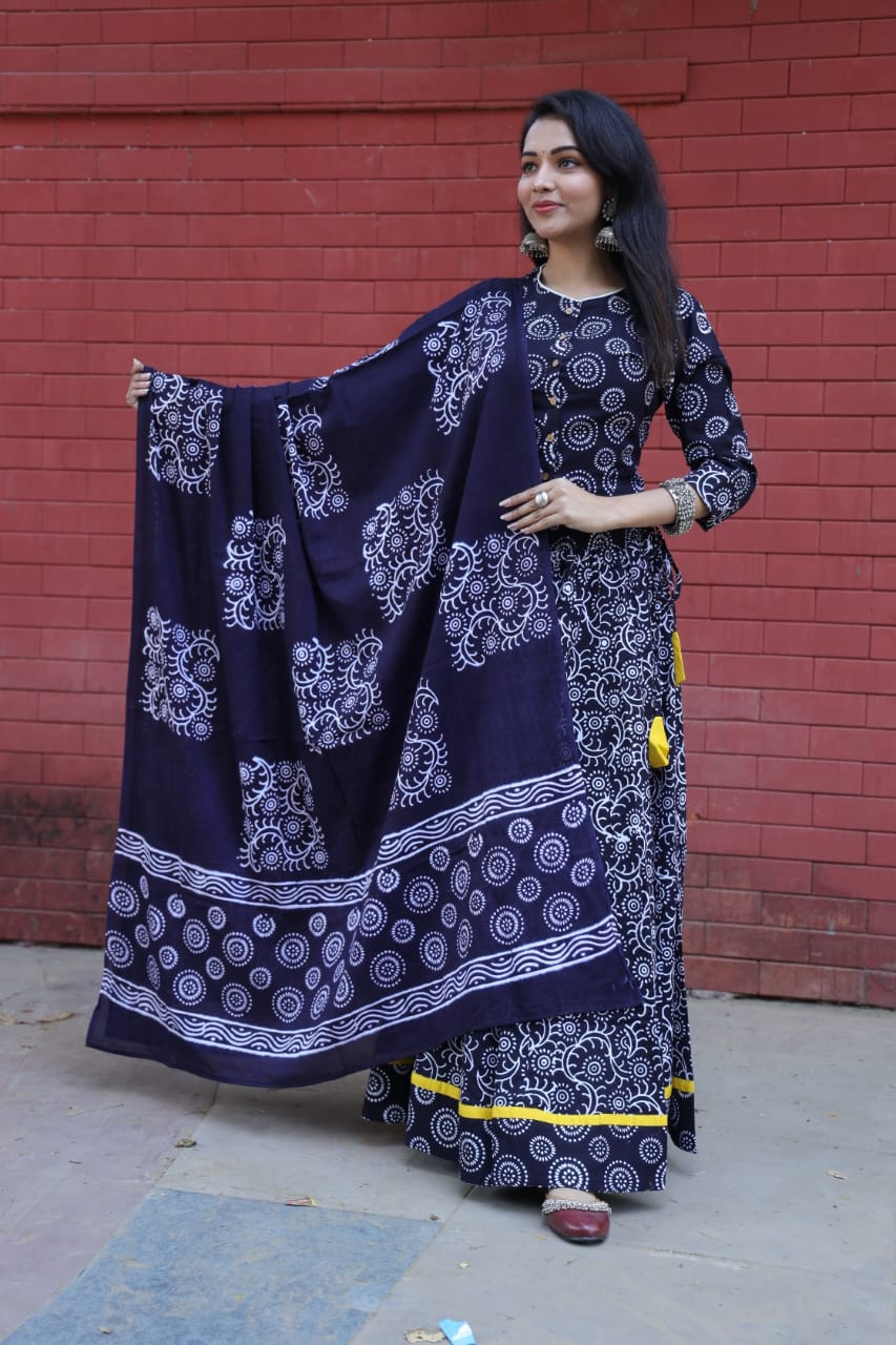 Cotton Bagru Printed Designer Top & Skirt with Mulmul Dupatta (Lehenga Choli)