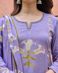 Floral Cotton Kurta Set with Embroidered Neckline and Mal Cotton Dupatta – Premium Ethnic Wear for Women