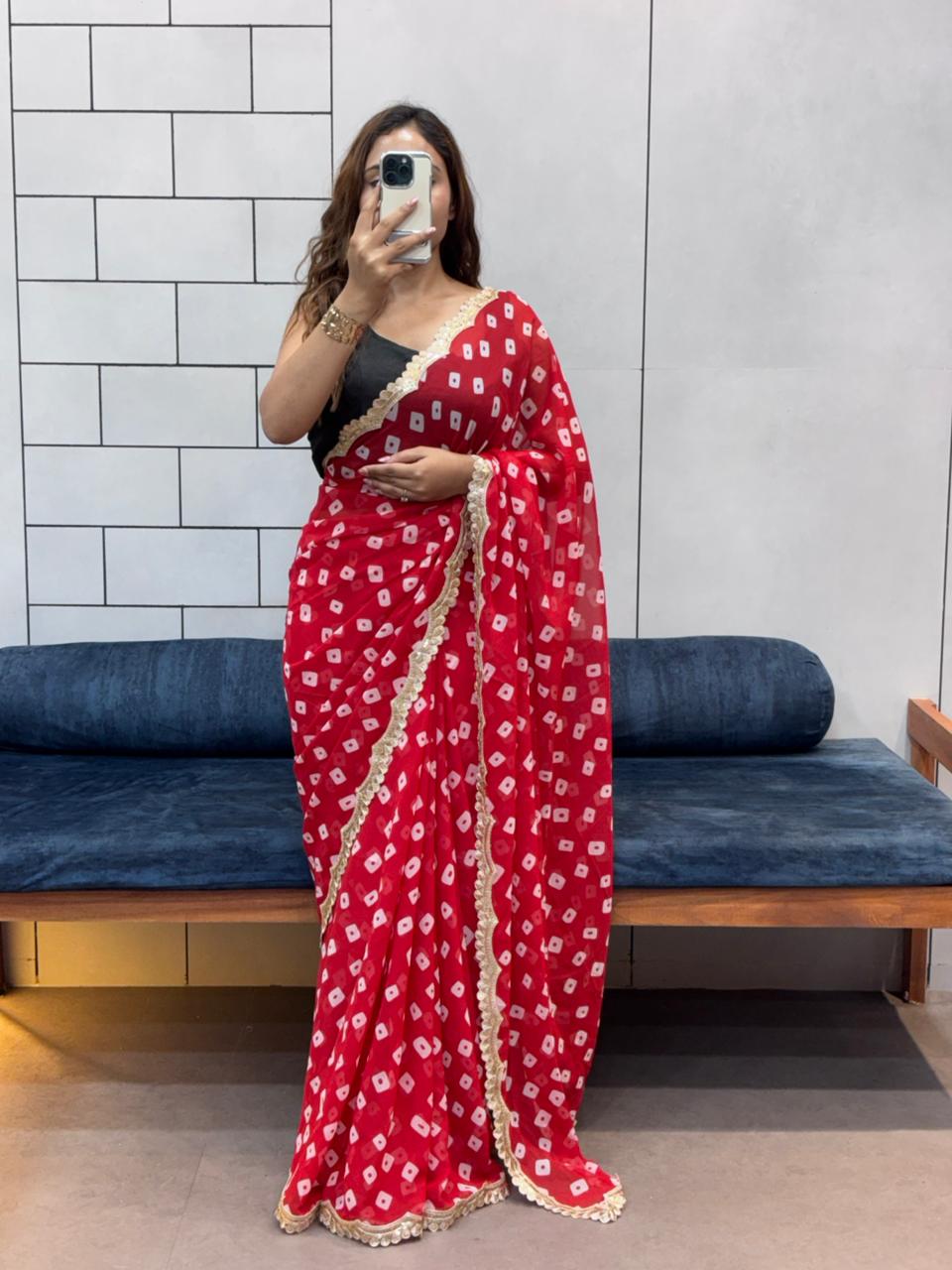Soft Georgette Leriya Print Bandhej Saree with Embroidered Sequence Lace – Office &amp; Daily Wear Collection