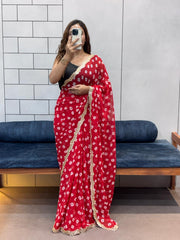 Soft Georgette Leriya Print Bandhej Saree with Embroidered Sequence Lace – Office &amp; Daily Wear Collection