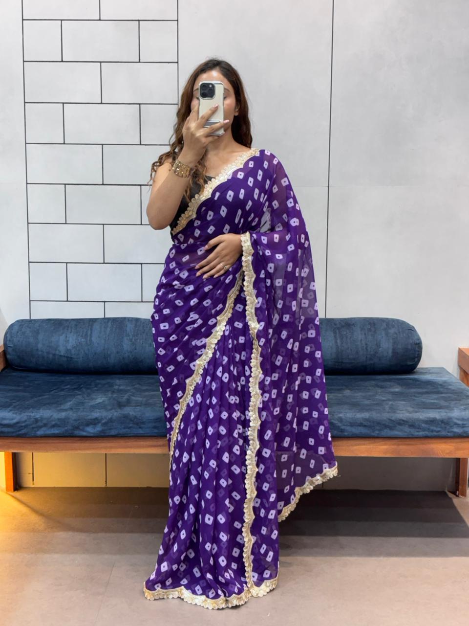 Soft Georgette Leriya Print Bandhej Saree with Embroidered Sequence Lace – Office &amp; Daily Wear Collection