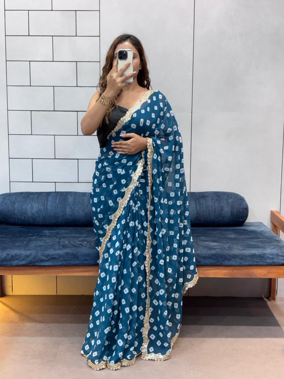 Soft Georgette Leriya Print Bandhej Saree with Embroidered Sequence Lace – Office &amp; Daily Wear Collection