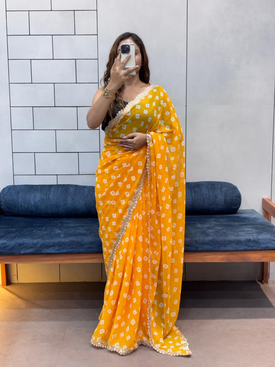 Soft Georgette Leriya Print Bandhej Saree with Embroidered Sequence Lace – Office &amp; Daily Wear Collection