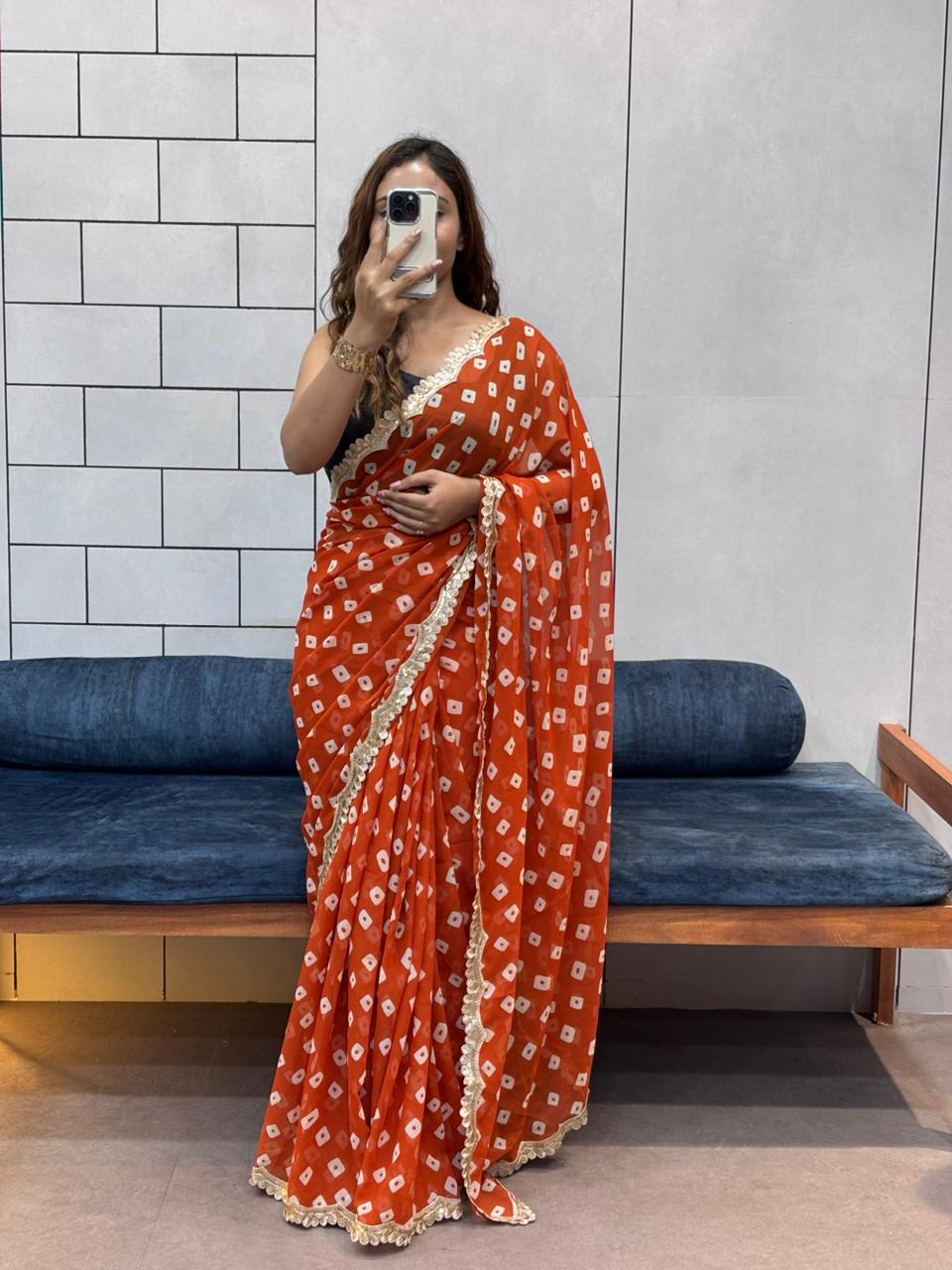 Soft Georgette Leriya Print Bandhej Saree with Embroidered Sequence Lace – Office &amp; Daily Wear Collection