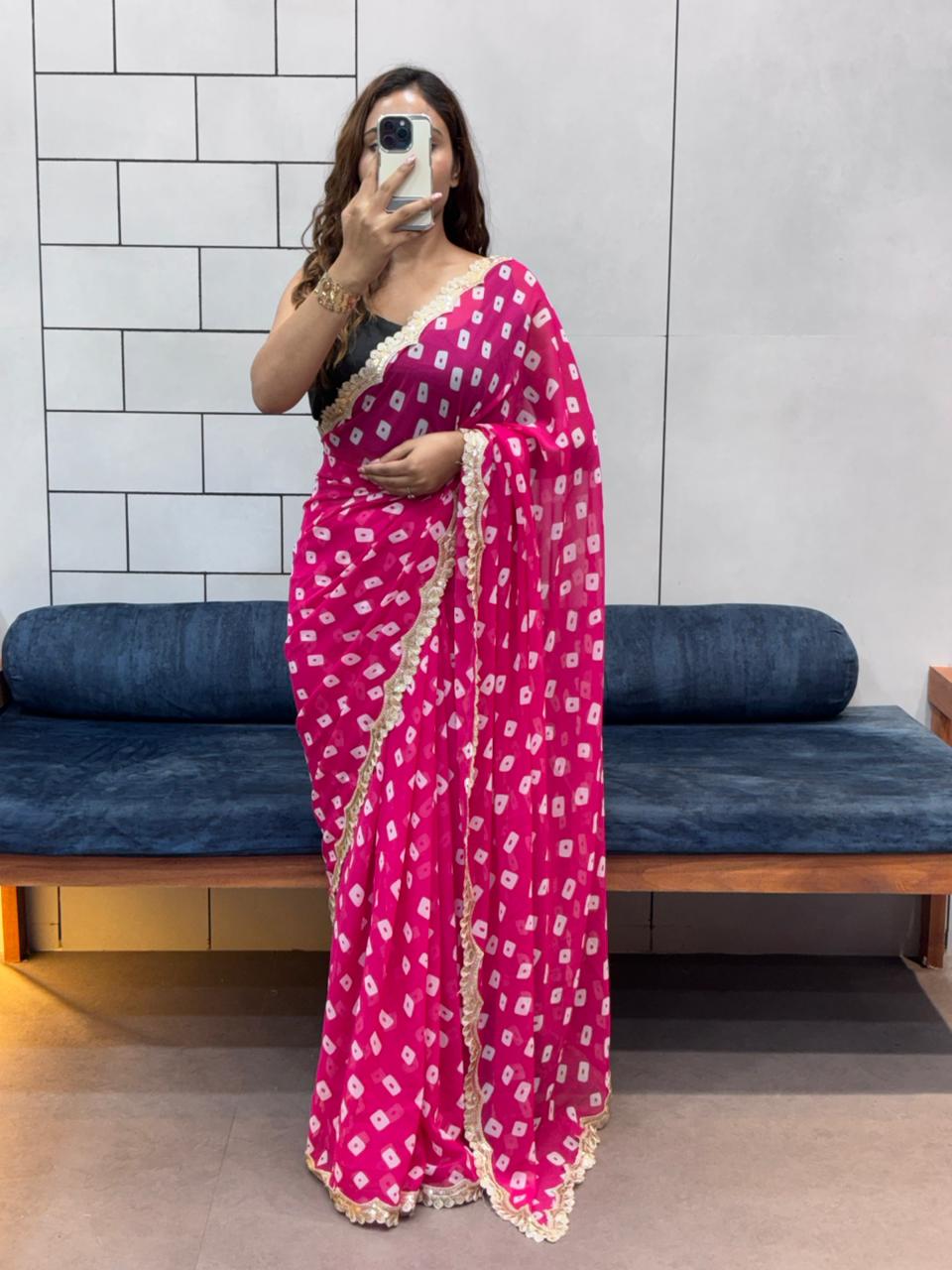 Soft Georgette Leriya Print Bandhej Saree with Embroidered Sequence Lace – Office &amp; Daily Wear Collection