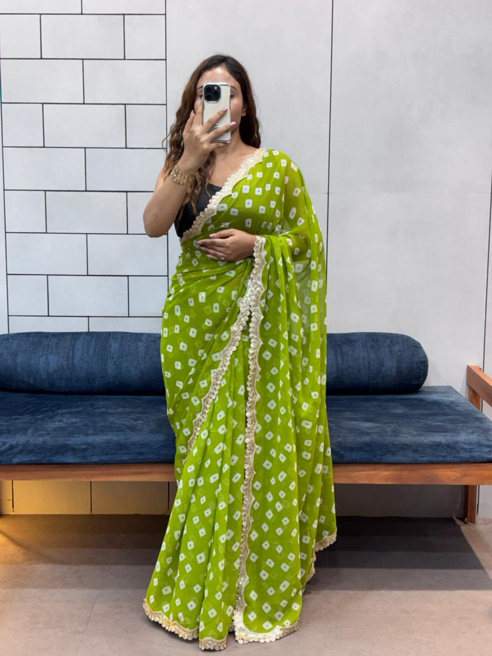 Soft Georgette Leriya Print Bandhej Saree with Embroidered Sequence Lace – Office &amp; Daily Wear Collection