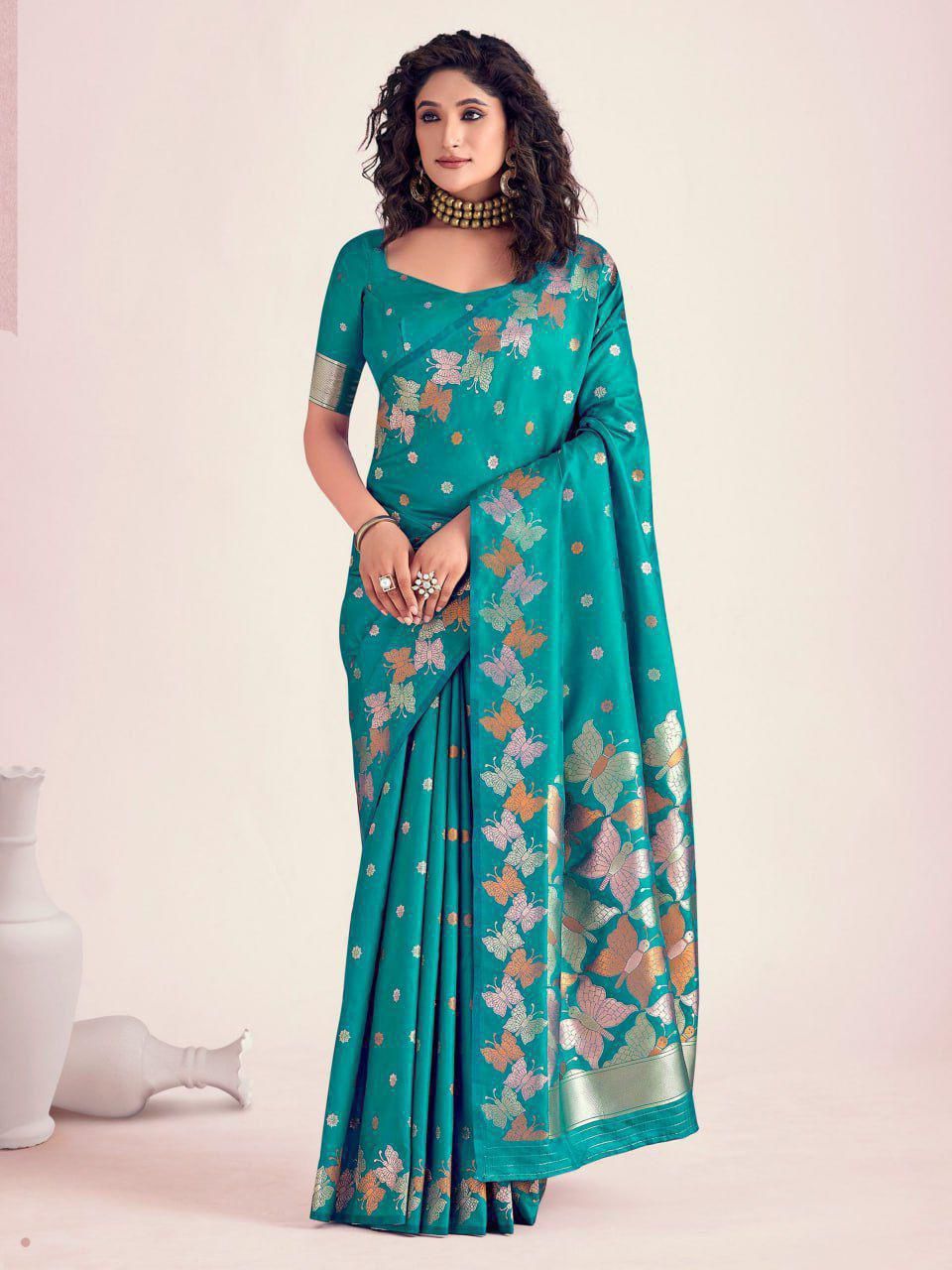 Soft Lichi Silk Saree with Rich Butterfly Pallu and All-Over Jacquard Work