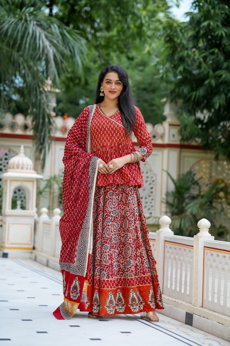 Navratri Special Collection – Bagru Hand Block Printed Designer Angrakha Choli & Skirt with Mulmul Dupatta
