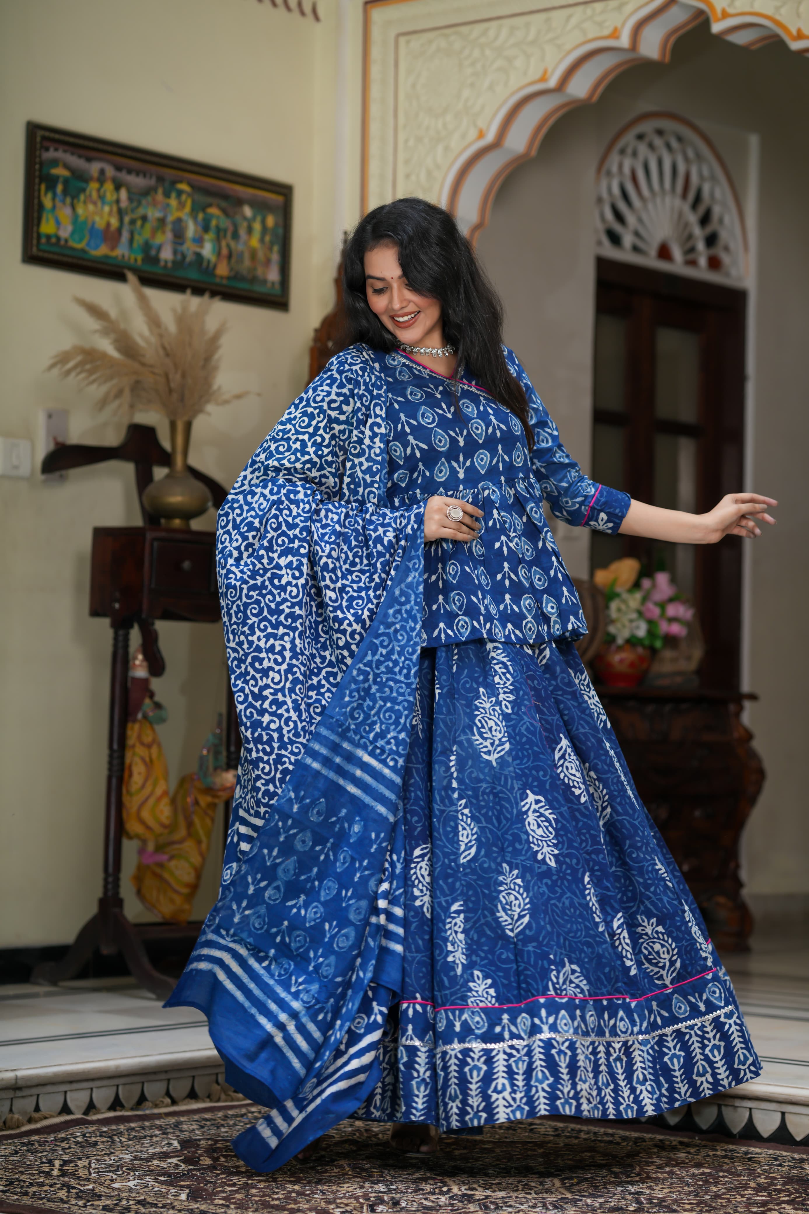 Navratri Special Collection – Bagru Hand Block Printed Designer Angrakha Choli & Skirt with Mulmul Dupatta
