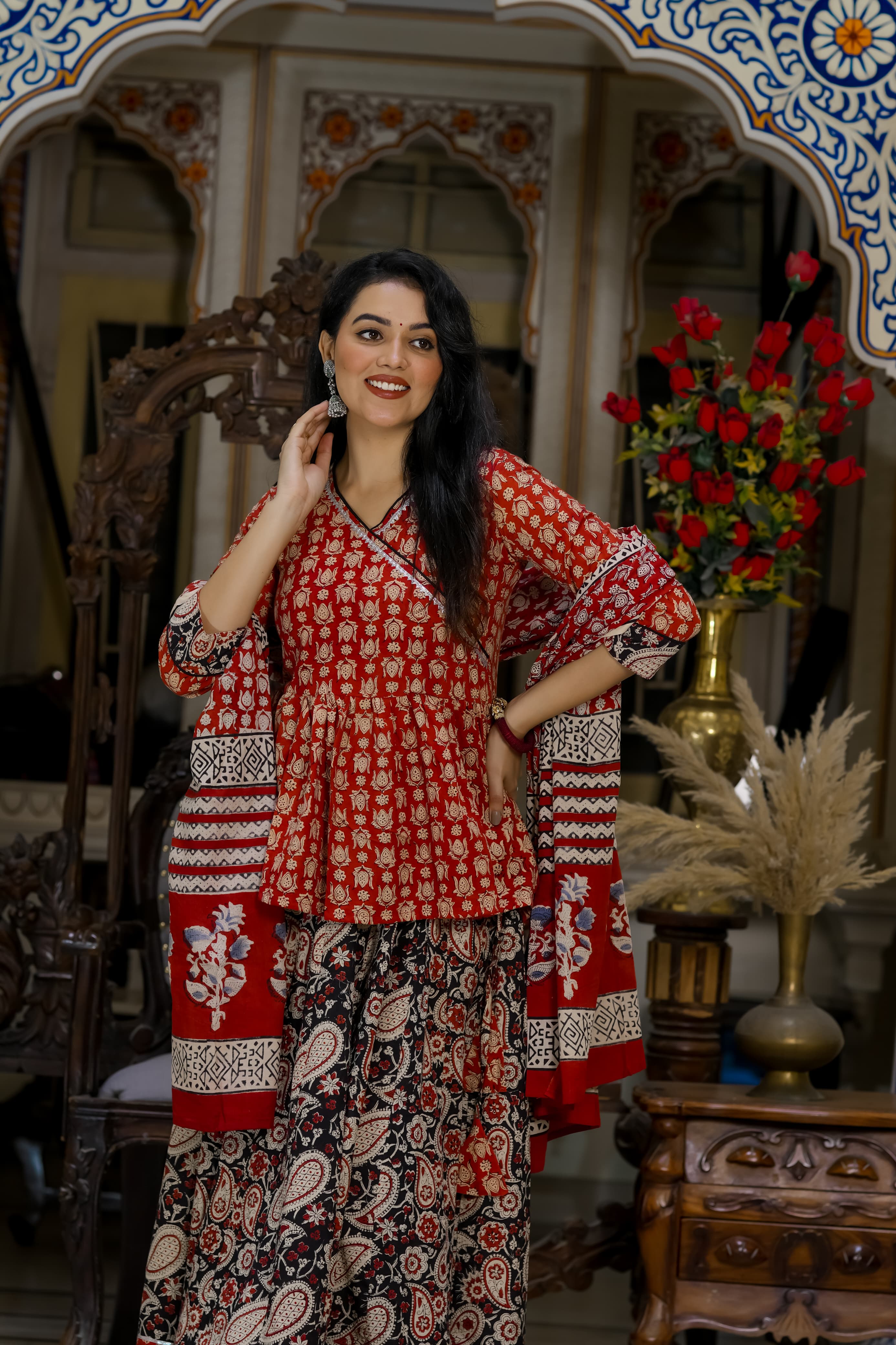Navratri Special Collection – Bagru Hand Block Printed Designer Angrakha Choli & Skirt with Mulmul Dupatta