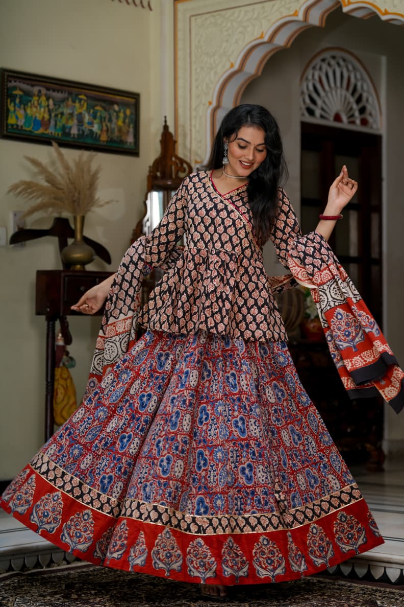 Navratri Special Collection – Bagru Hand Block Printed Designer Angrakha Choli & Skirt with Mulmul Dupatta