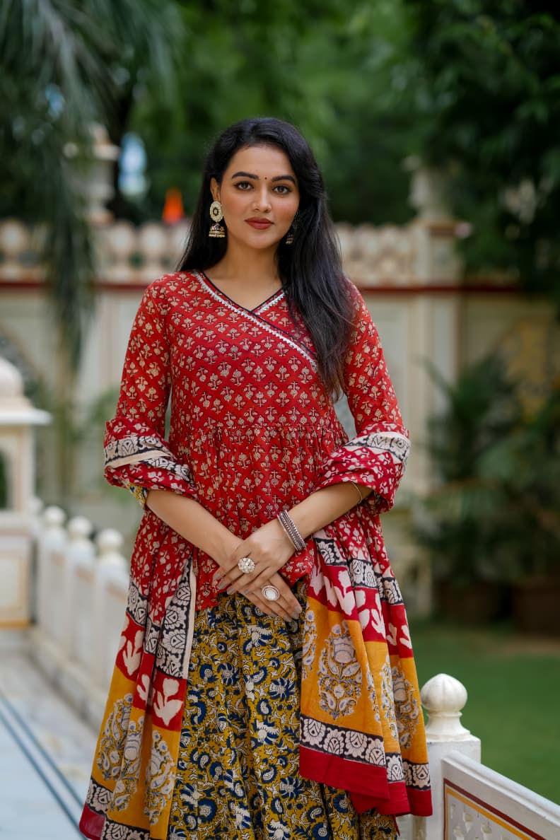Navratri Special Collection – Bagru Hand Block Printed Designer Angrakha Choli & Skirt with Mulmul Dupatta