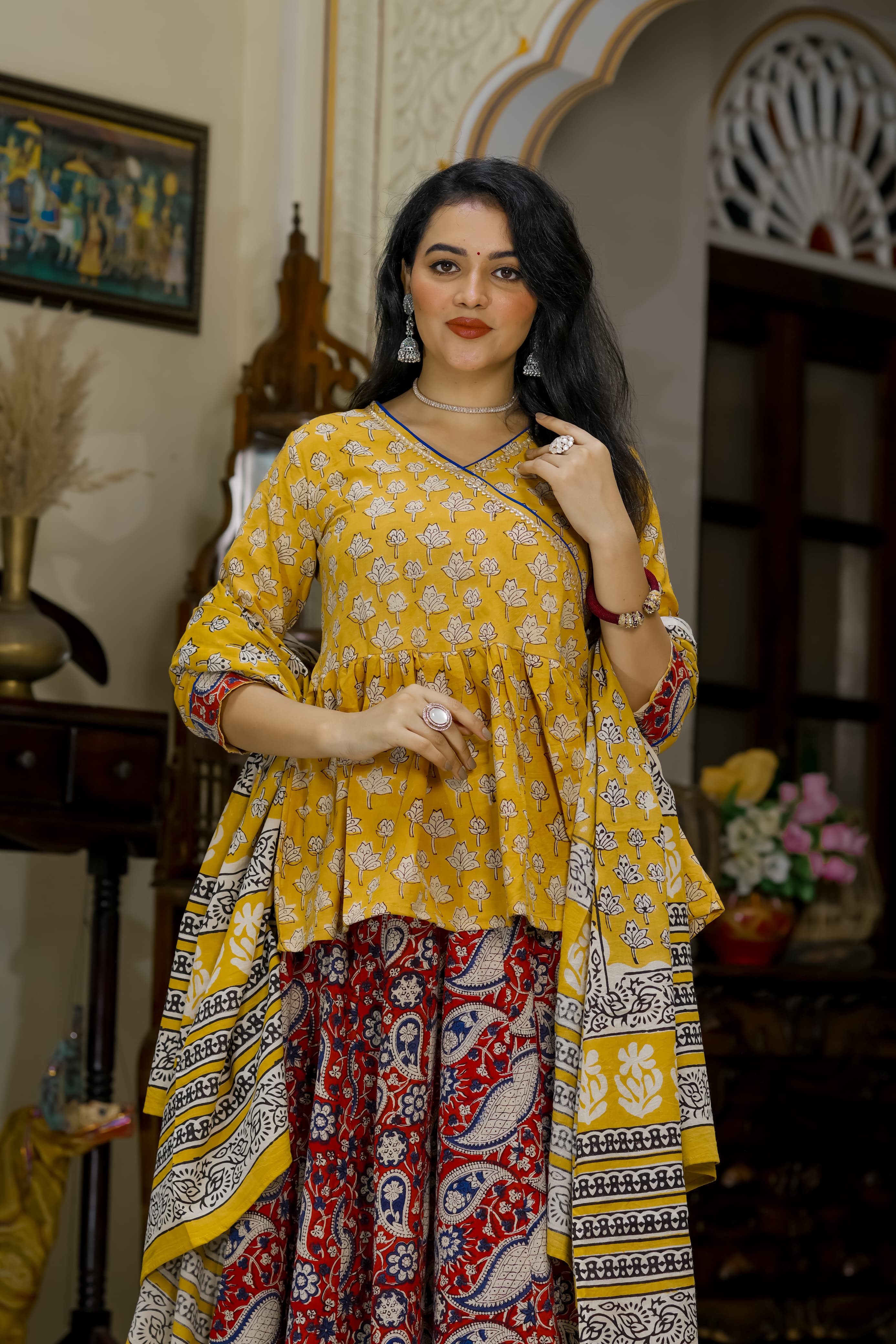 Navratri Special Collection – Bagru Hand Block Printed Designer Angrakha Choli & Skirt with Mulmul Dupatta