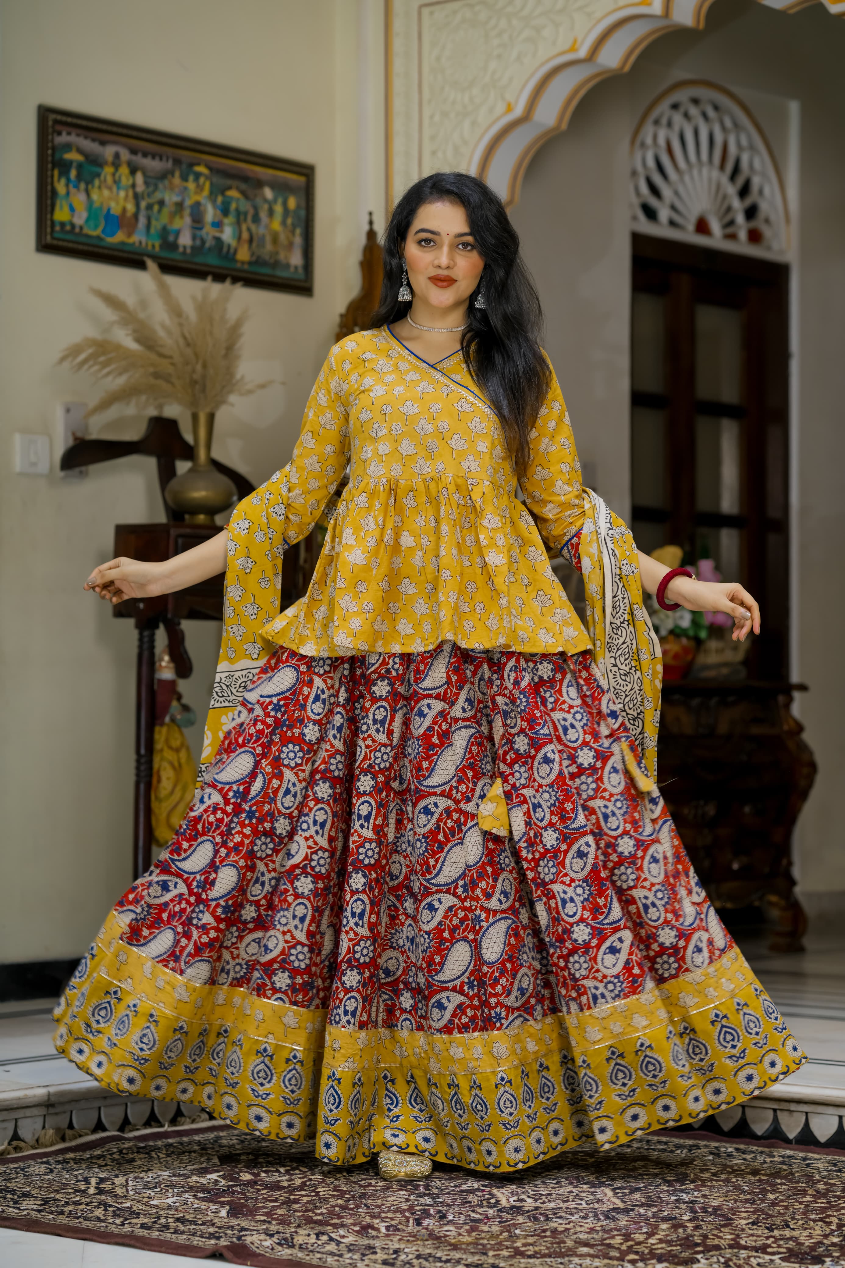 Navratri Special Collection – Bagru Hand Block Printed Designer Angrakha Choli & Skirt with Mulmul Dupatta