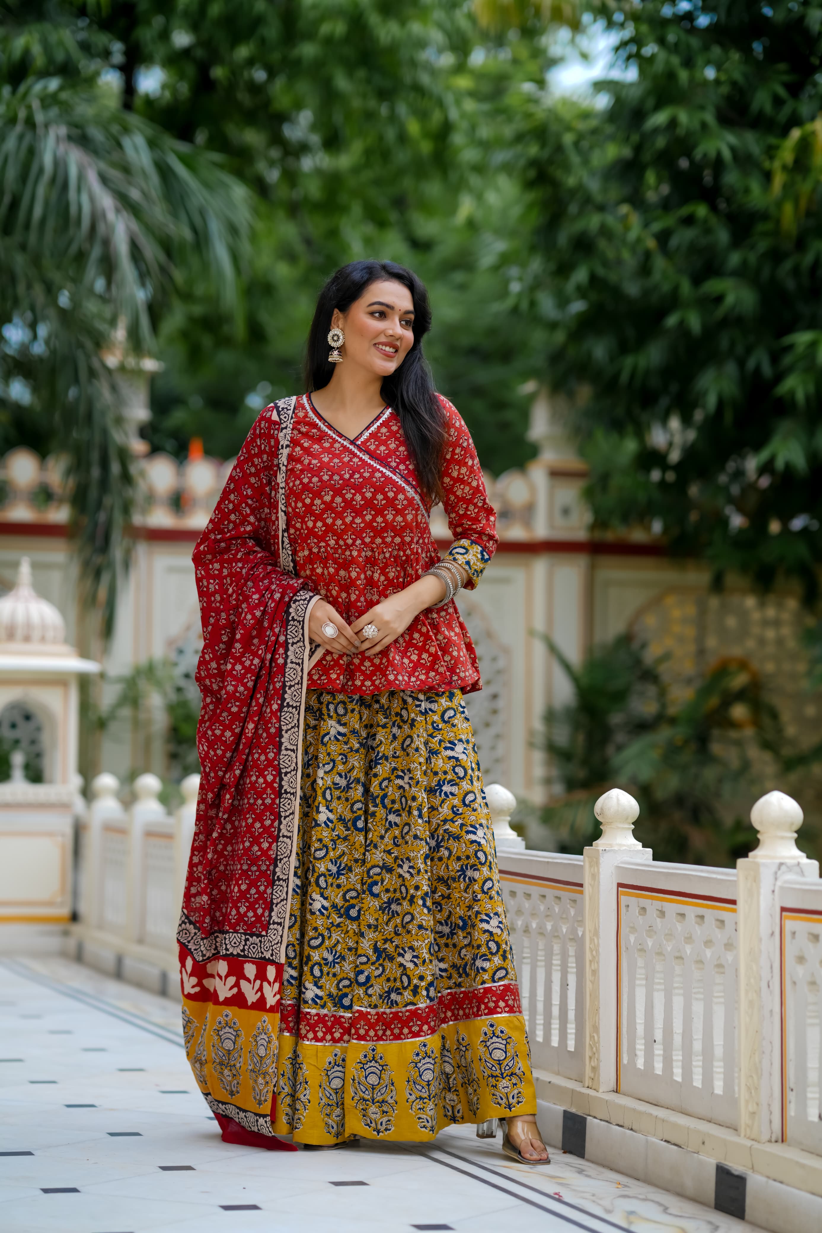Navratri Special Collection – Bagru Hand Block Printed Designer Angrakha Choli & Skirt with Mulmul Dupatta