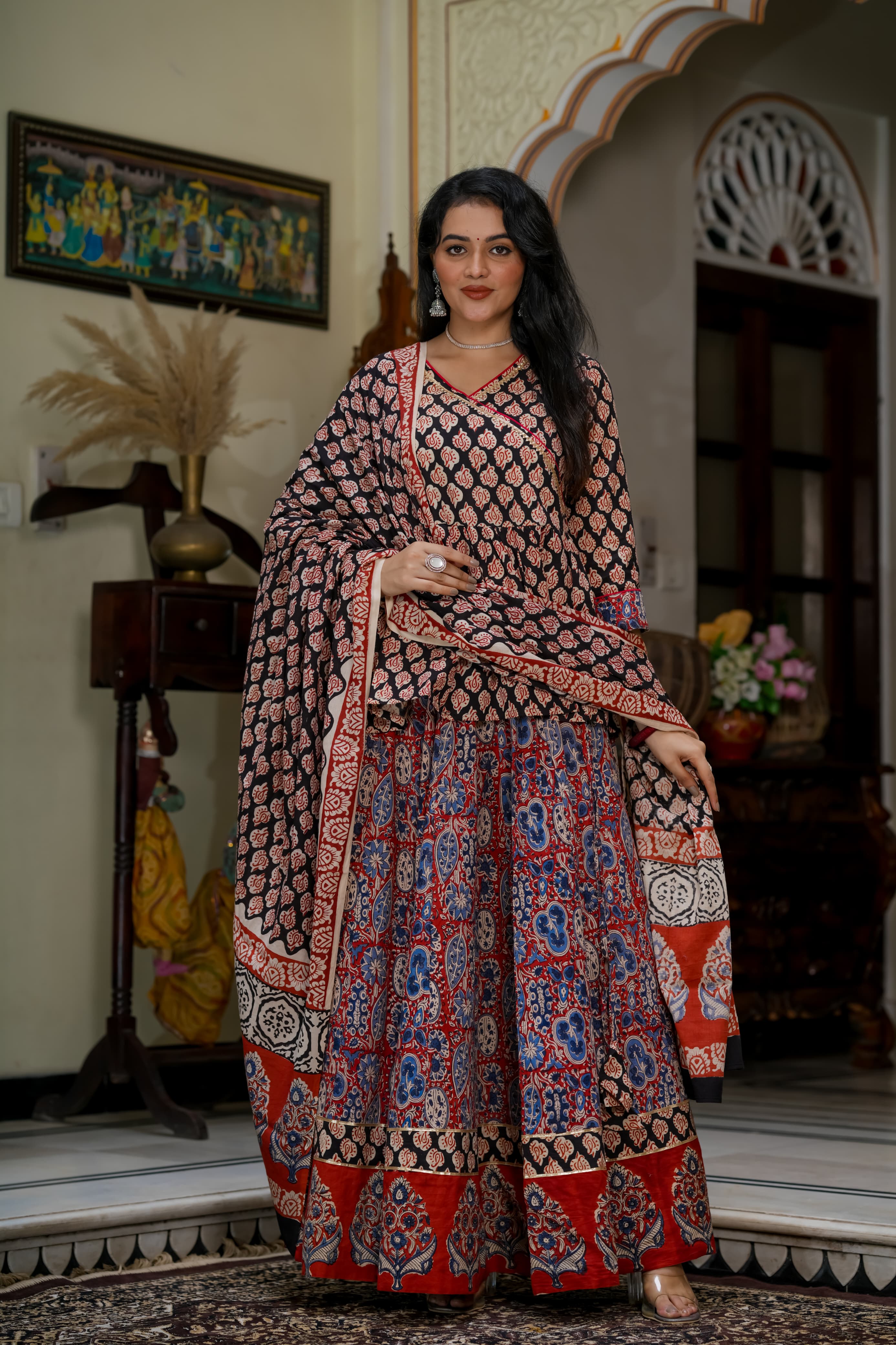 Navratri Special Collection – Bagru Hand Block Printed Designer Angrakha Choli & Skirt with Mulmul Dupatta