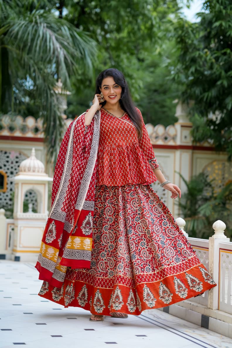 Navratri Special Collection – Bagru Hand Block Printed Designer Angrakha Choli & Skirt with Mulmul Dupatta