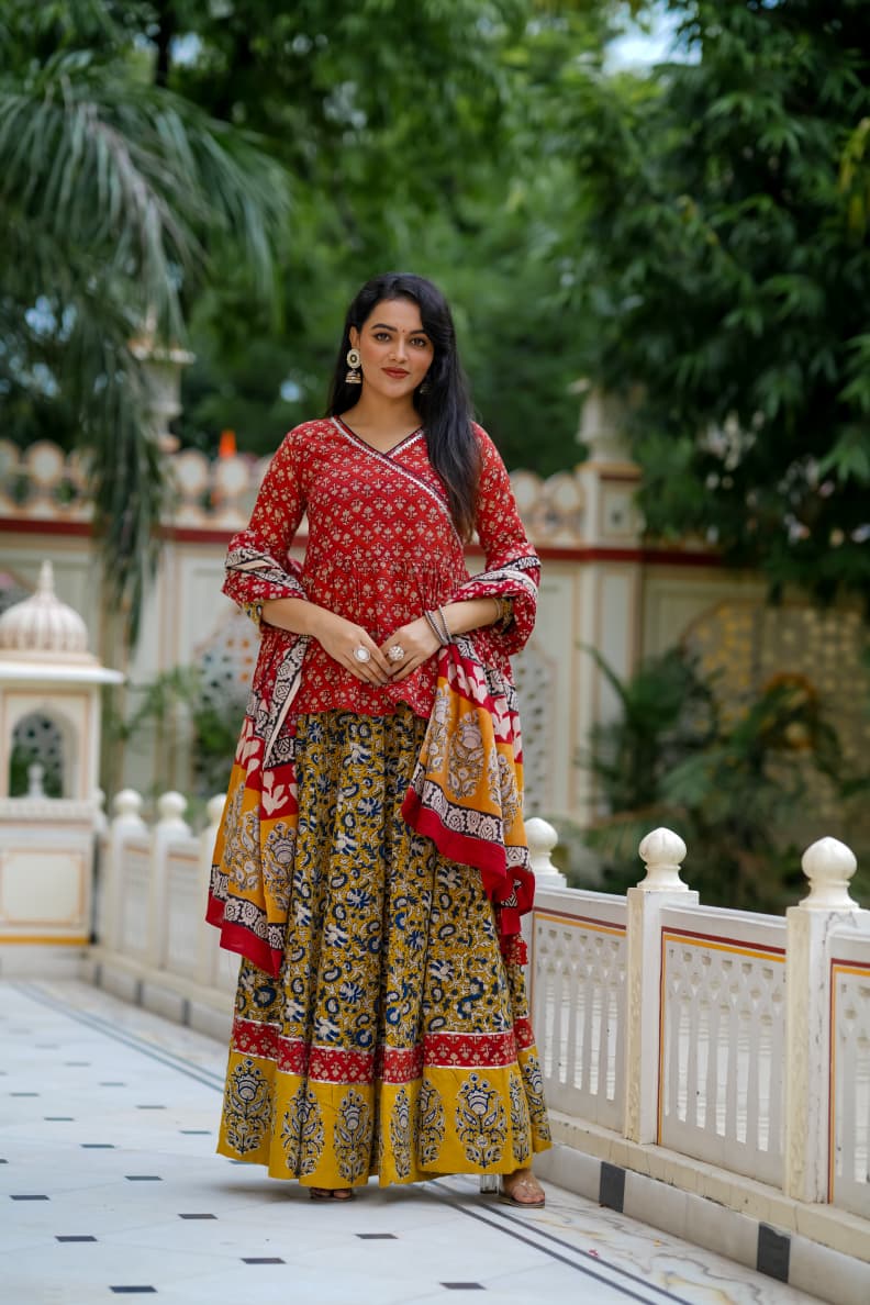 Navratri Special Collection – Bagru Hand Block Printed Designer Angrakha Choli & Skirt with Mulmul Dupatta