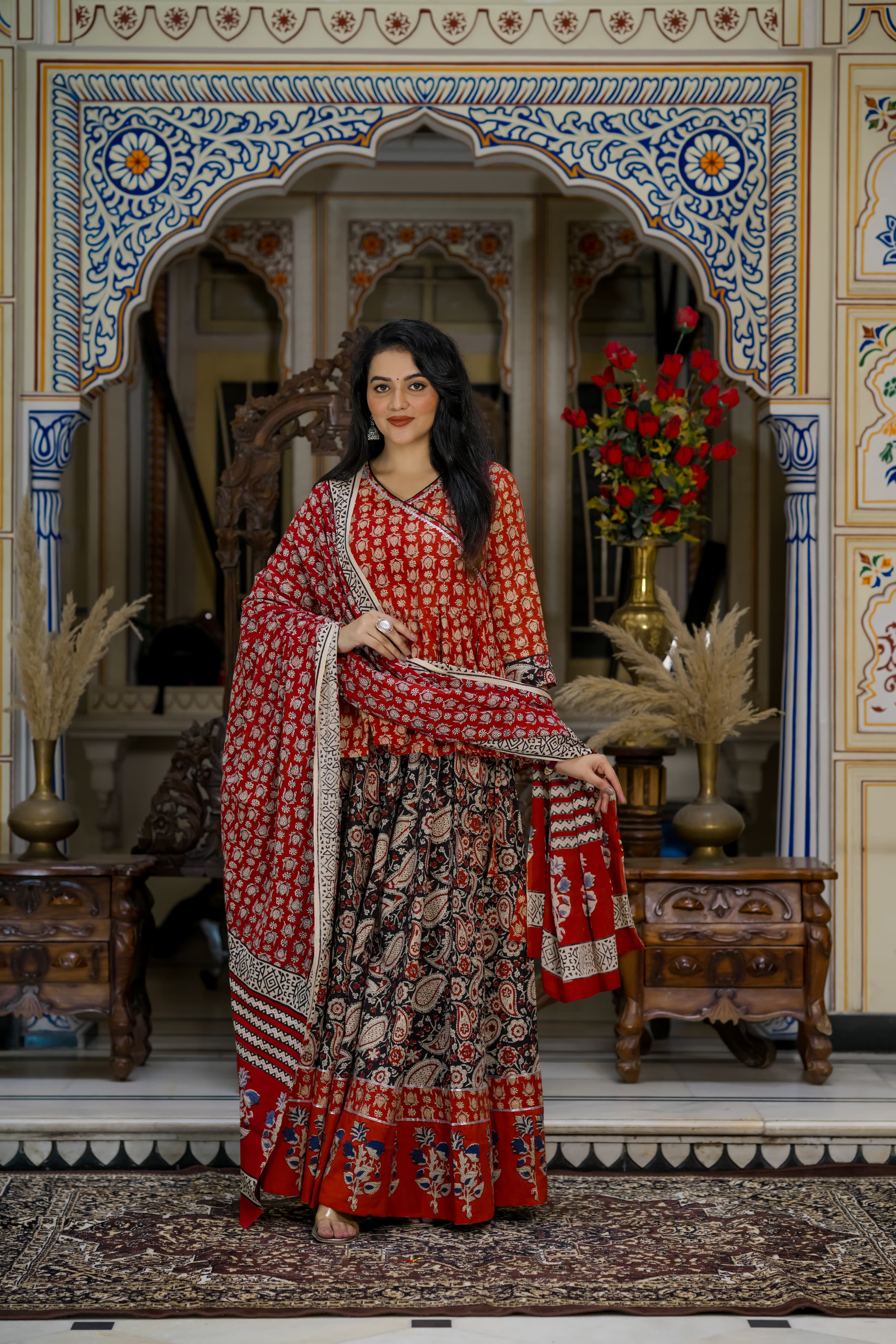 Navratri Special Collection – Bagru Hand Block Printed Designer Angrakha Choli & Skirt with Mulmul Dupatta