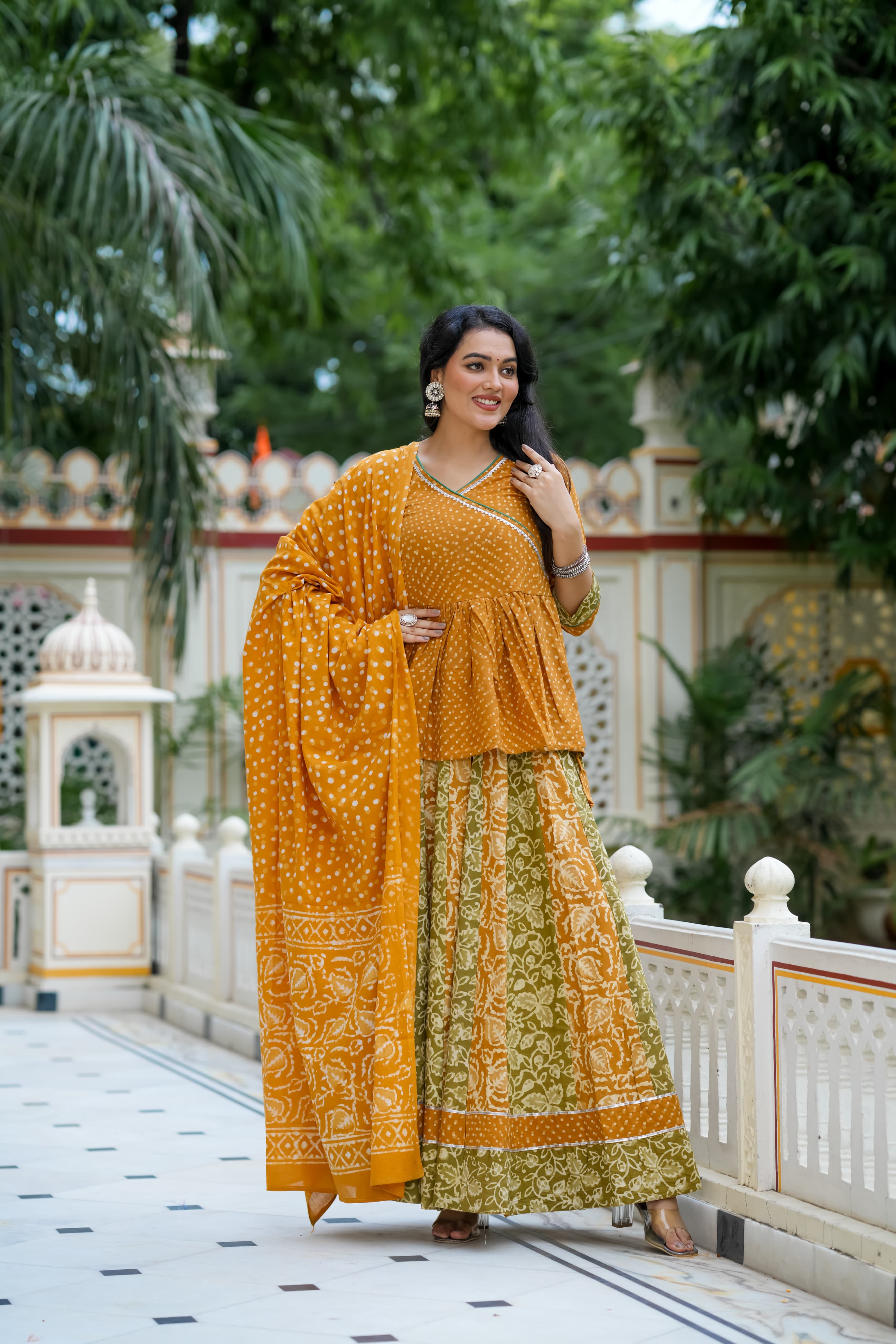 Navratri Special Collection – Bagru Hand Block Printed Designer Angrakha Choli & Skirt with Mulmul Dupatta