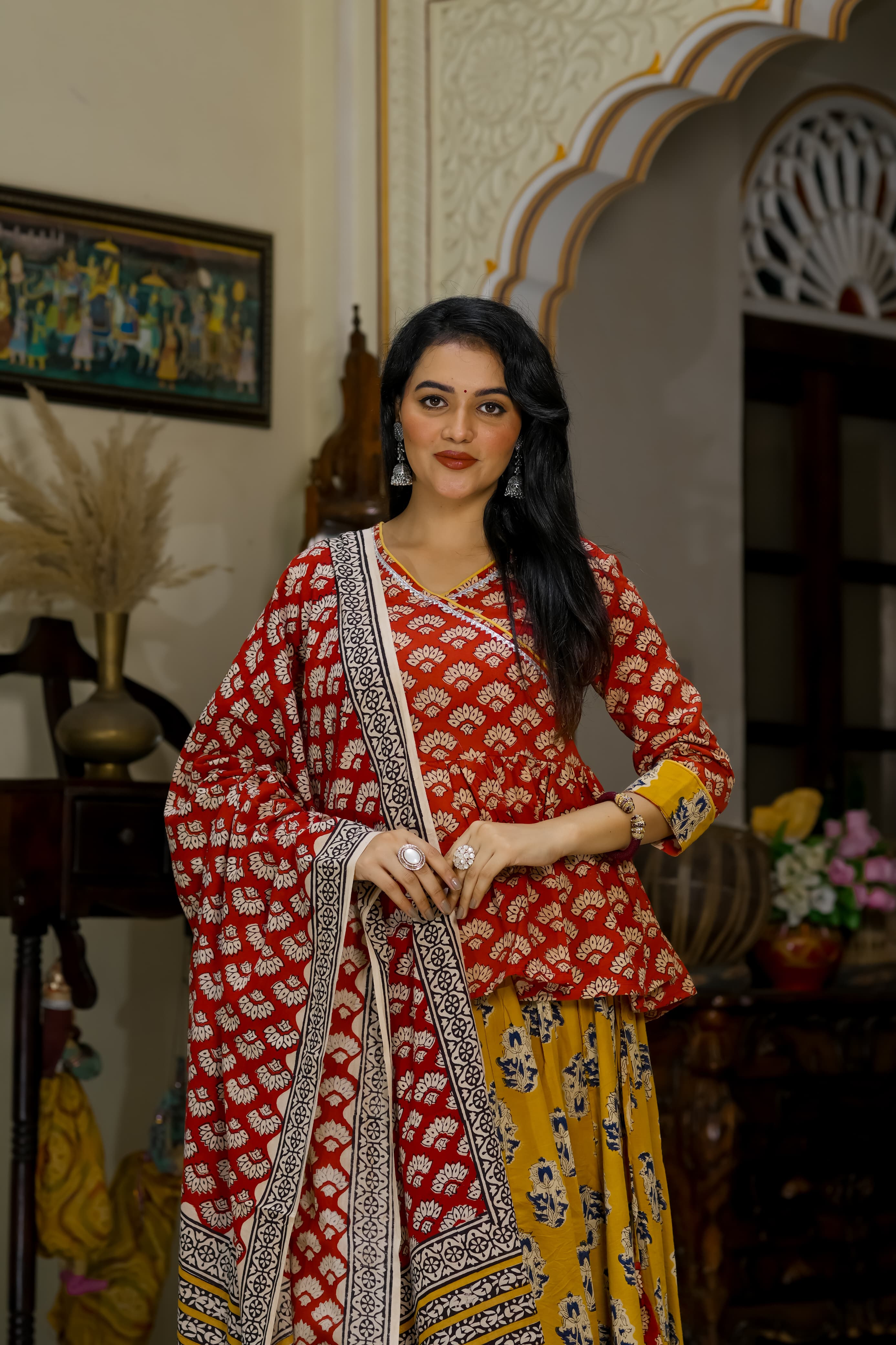 Navratri Special Collection – Bagru Hand Block Printed Designer Angrakha Choli & Skirt with Mulmul Dupatta
