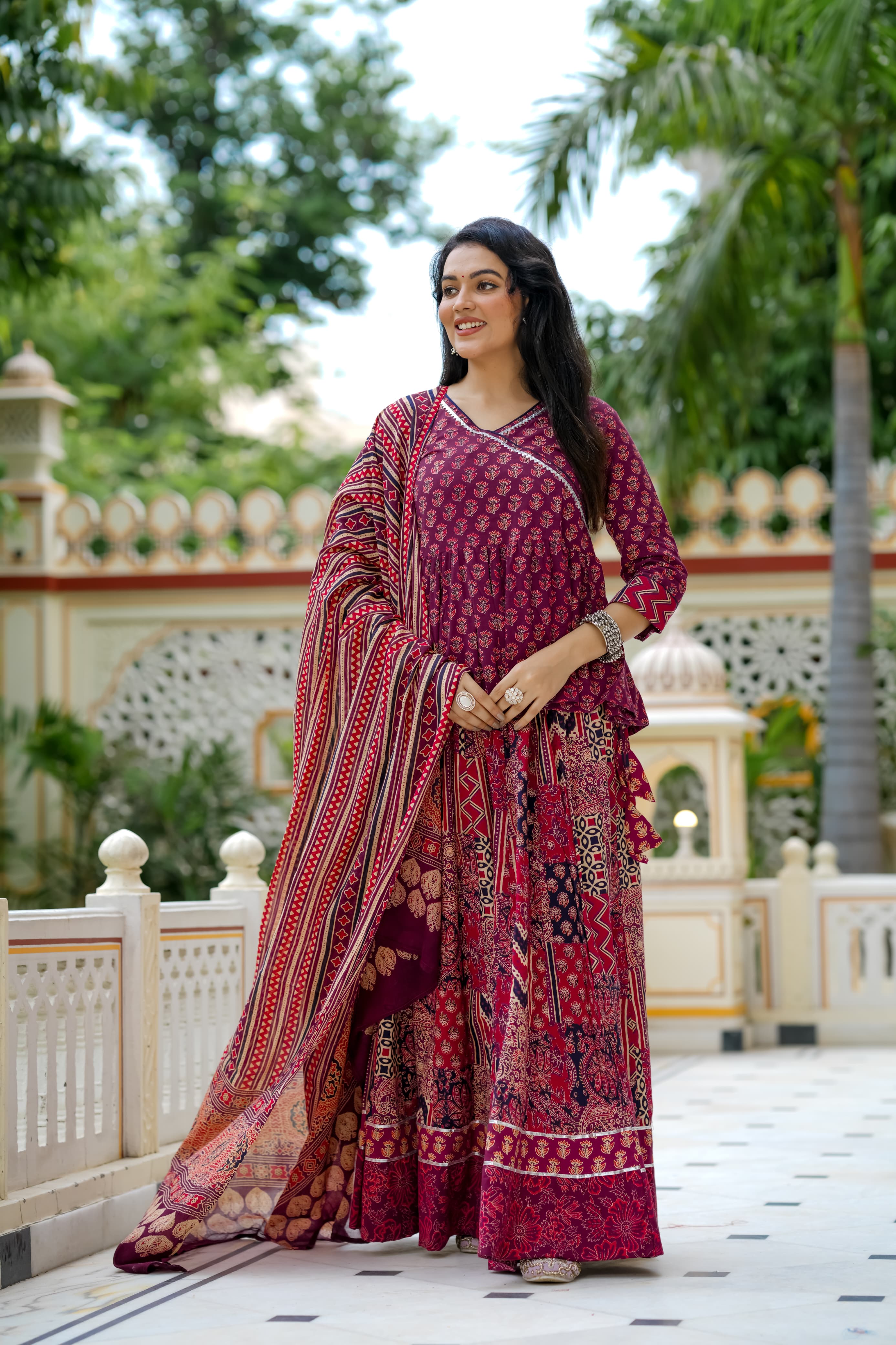 Navratri Special Collection – Bagru Hand Block Printed Designer Angrakha Choli & Skirt with Mulmul Dupatta