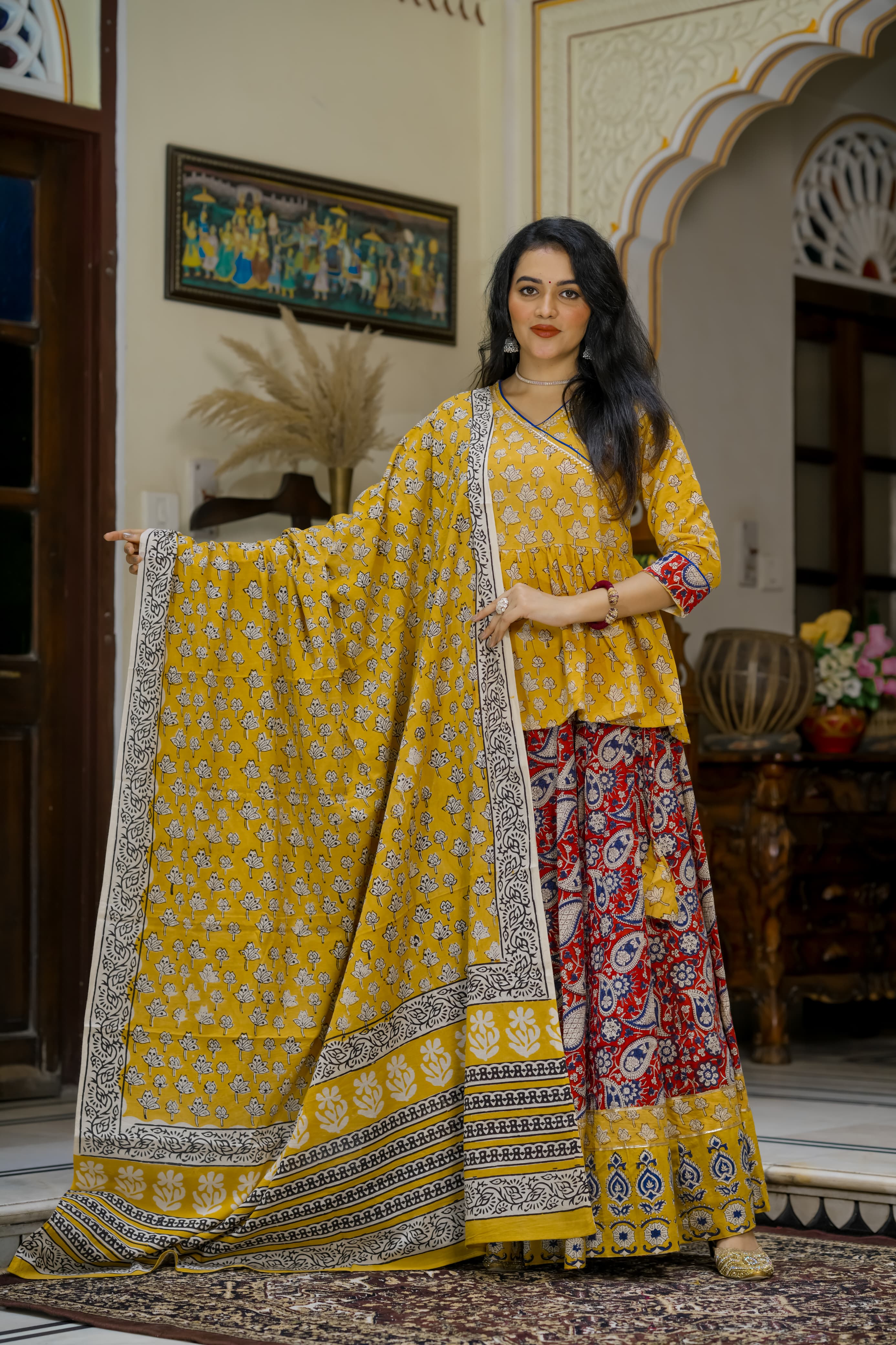 Navratri Special Collection – Bagru Hand Block Printed Designer Angrakha Choli & Skirt with Mulmul Dupatta