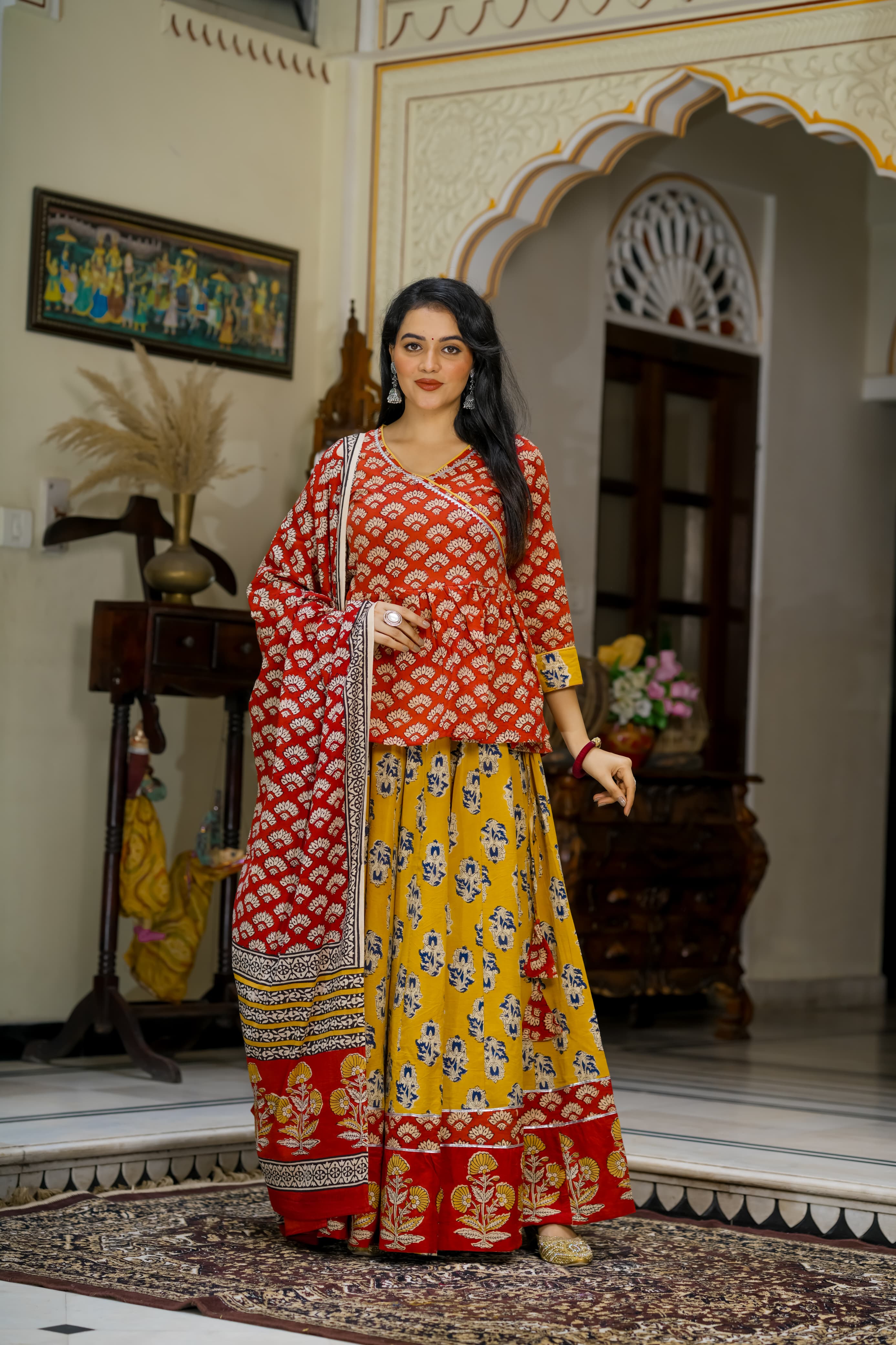 Navratri Special Collection – Bagru Hand Block Printed Designer Angrakha Choli & Skirt with Mulmul Dupatta