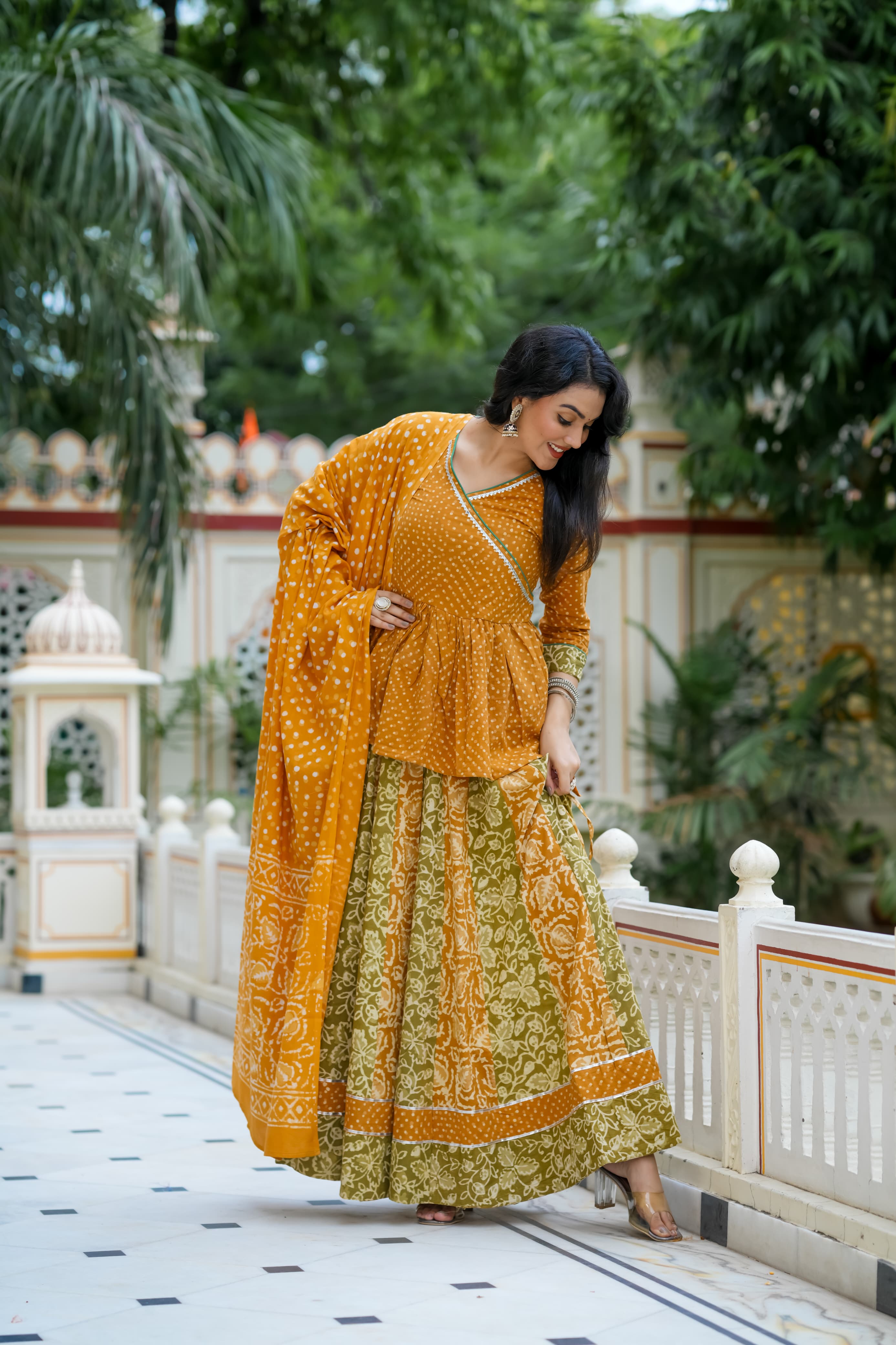 Navratri Special Collection – Bagru Hand Block Printed Designer Angrakha Choli & Skirt with Mulmul Dupatta