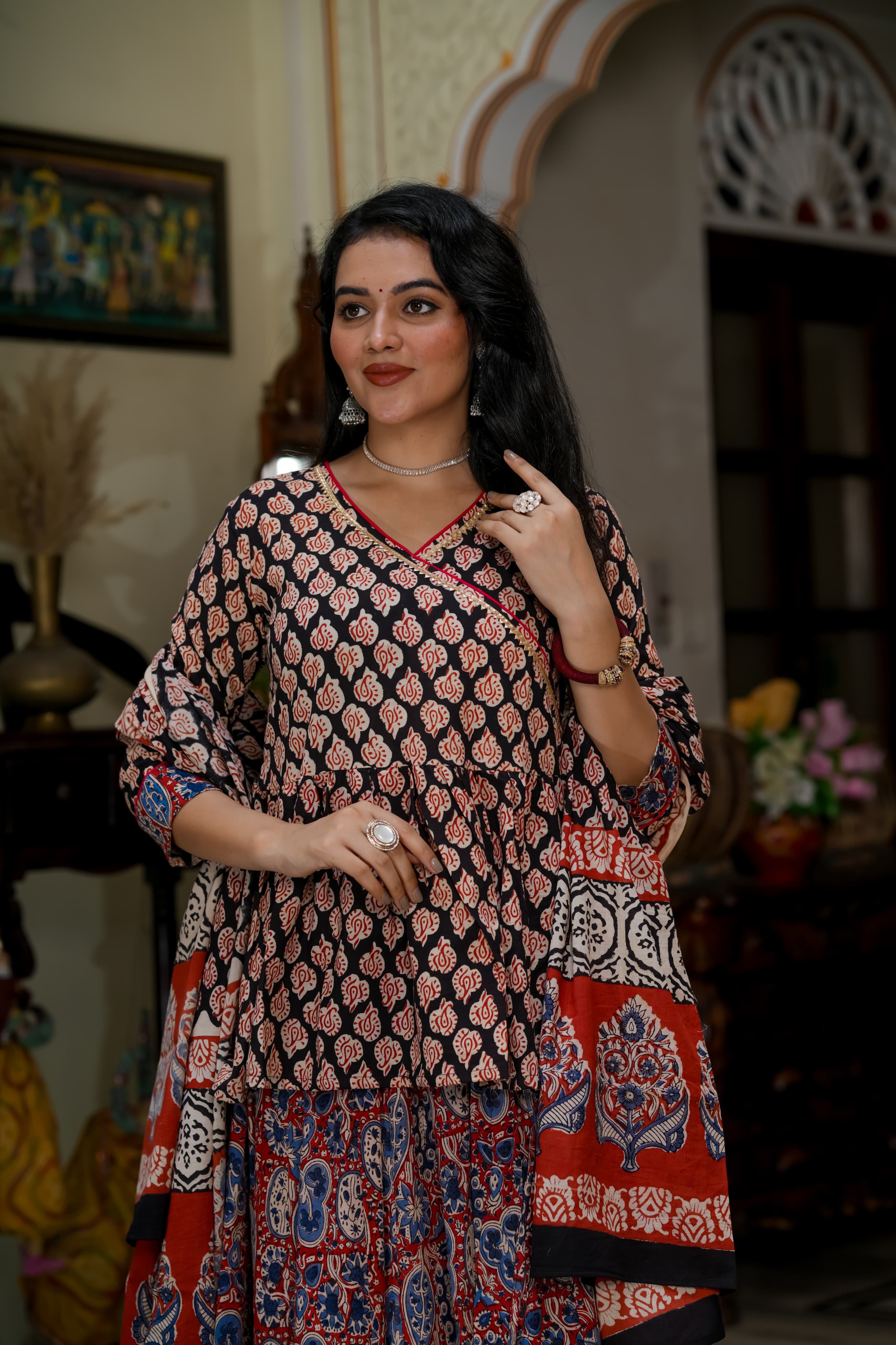 Navratri Special Collection – Bagru Hand Block Printed Designer Angrakha Choli & Skirt with Mulmul Dupatta