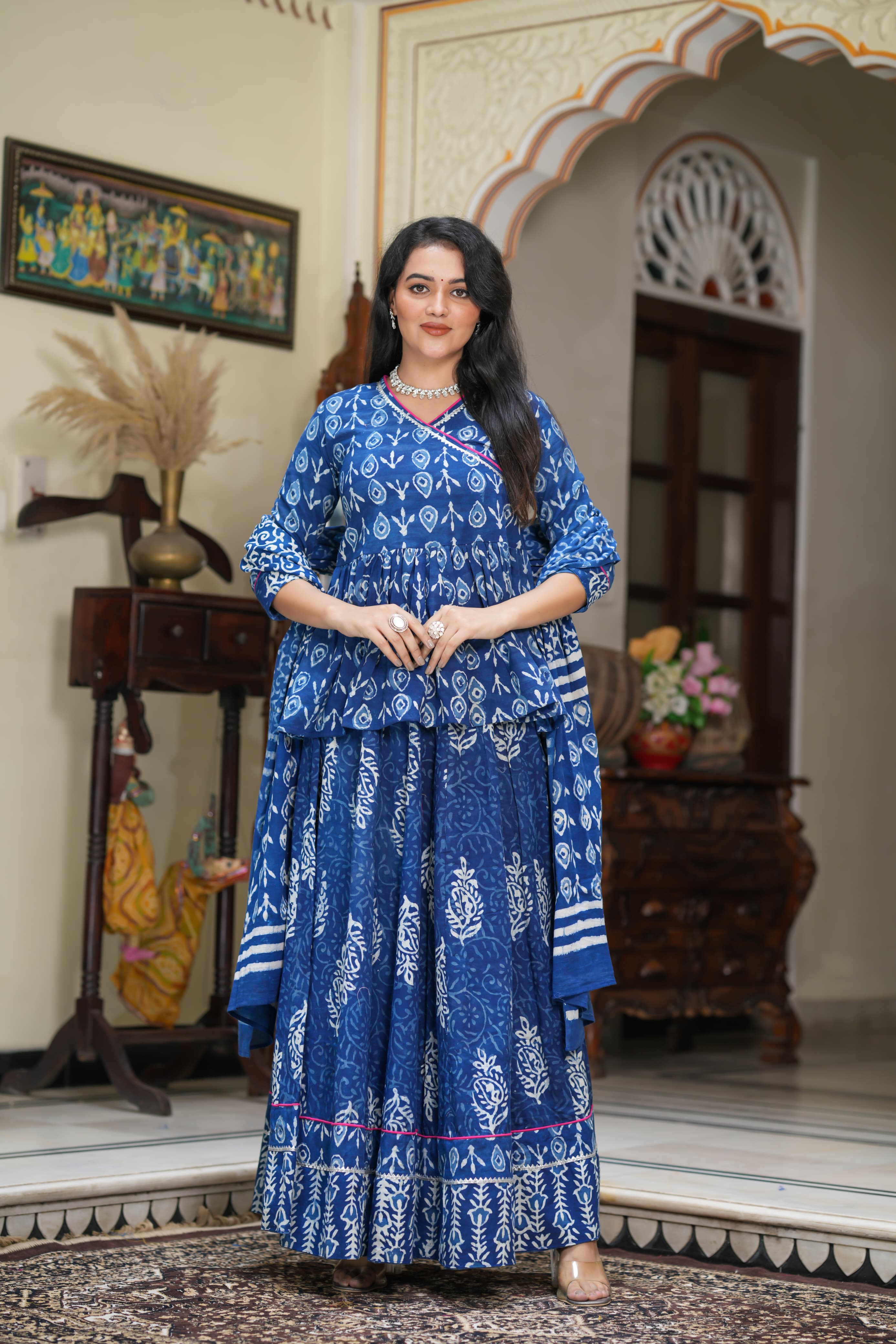 Navratri Special Collection – Bagru Hand Block Printed Designer Angrakha Choli & Skirt with Mulmul Dupatta